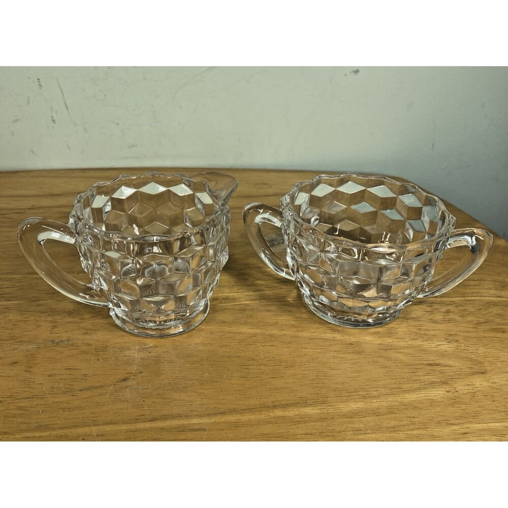 Vintage Fostoria American Clear Crystal Glass Mini Open Sugar Bowl & Creamer Set